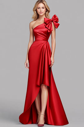 Red One Shoulder Satin Mermaid Long Formal Dress with Bow