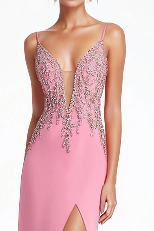 Pink V Neck Spaghetti Straps Beaded Formal Dress