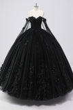 Black Ball Gown Off the Shoulder Tulle Quinceanera Dress with 3D Flowers