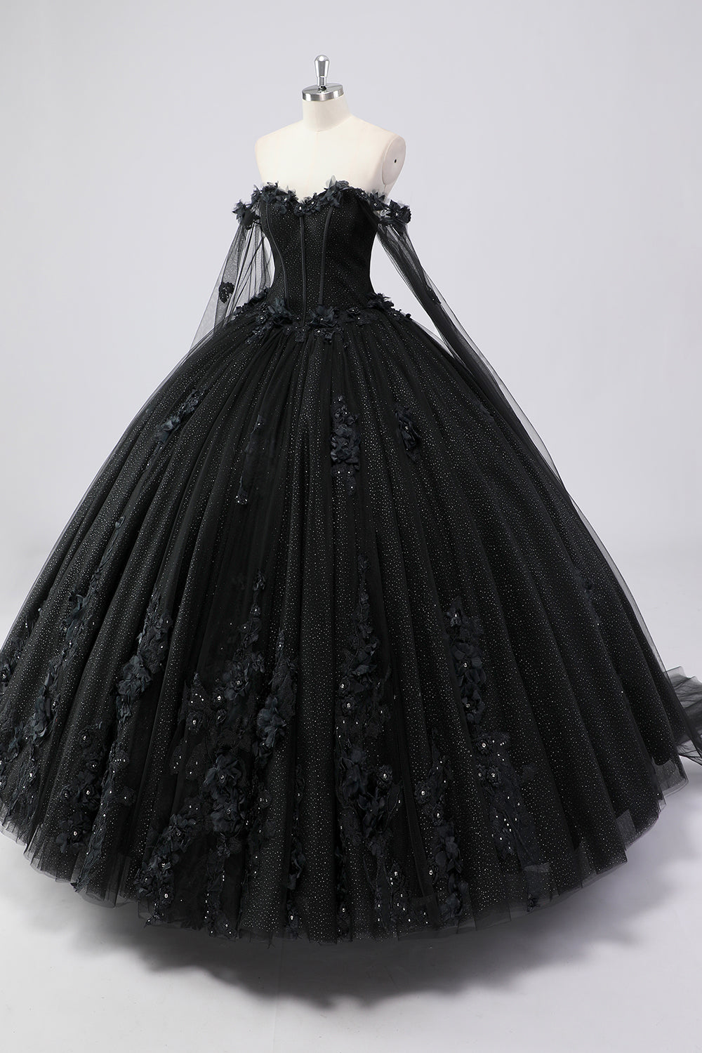 Black Ball Gown Off the Shoulder Tulle Quinceanera Dress with 3D Flowers