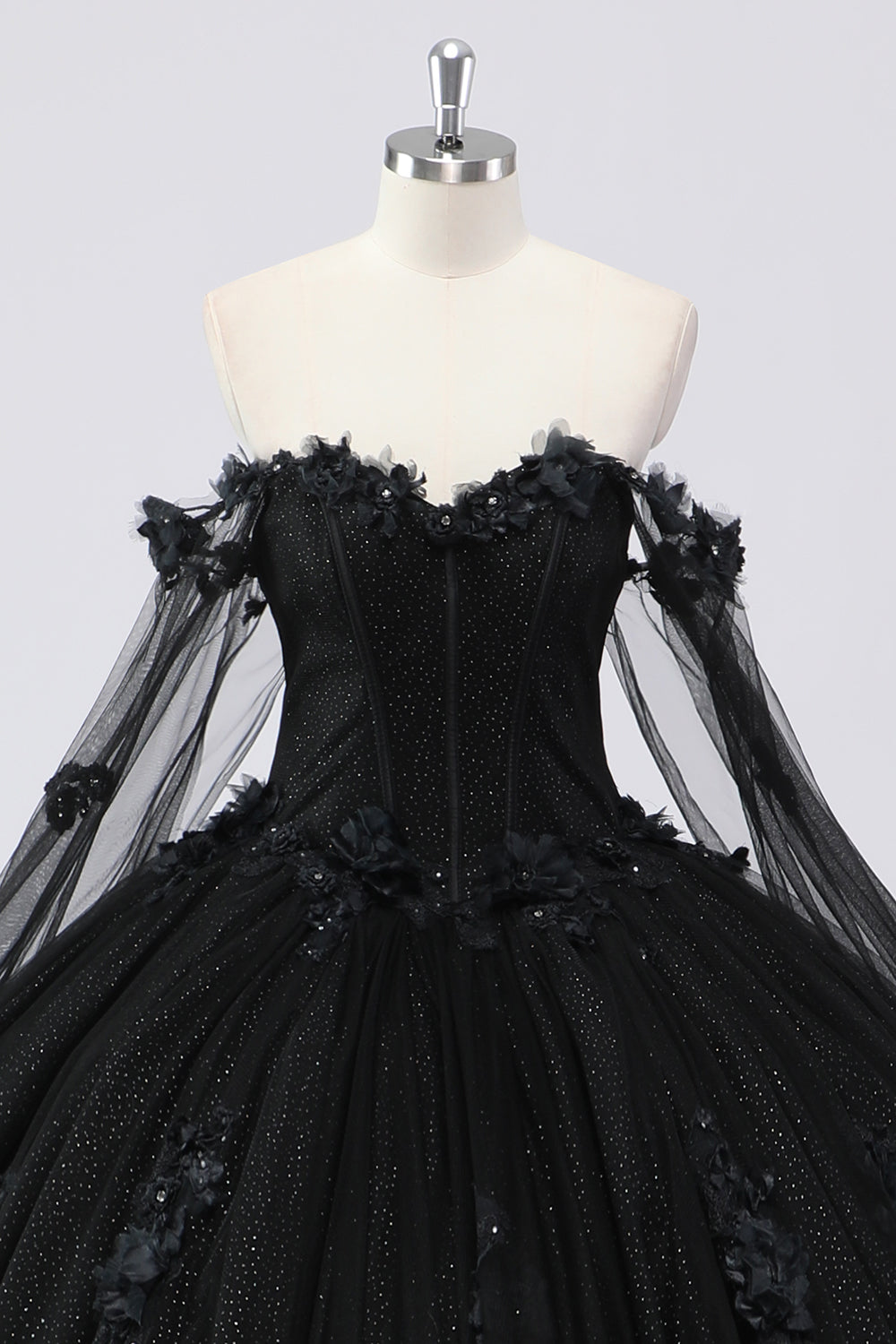 Black Ball Gown Off the Shoulder Tulle Quinceanera Dress with 3D Flowers