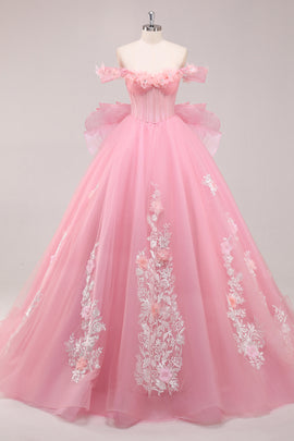 Ball Gown Pink Corset Appliqued Long Quinceanera Dresses with Floral