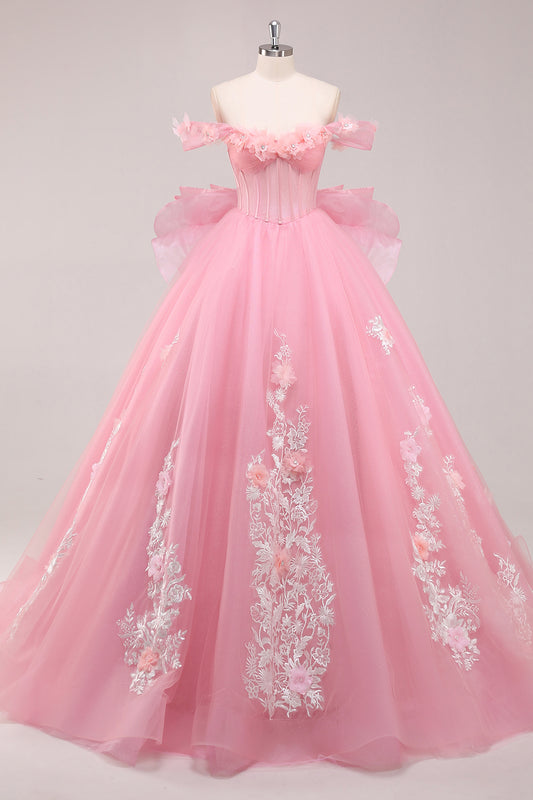 Ball Gown Pink Corset Appliqued Long Quinceanera Dresses with Floral