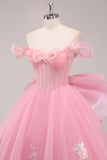 Ball Gown Pink Corset Appliqued Long Quinceanera Dresses with Floral