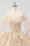 Princess Corset Champagne Appliqued Ball Gown Quinceanera Dress with Sleeves