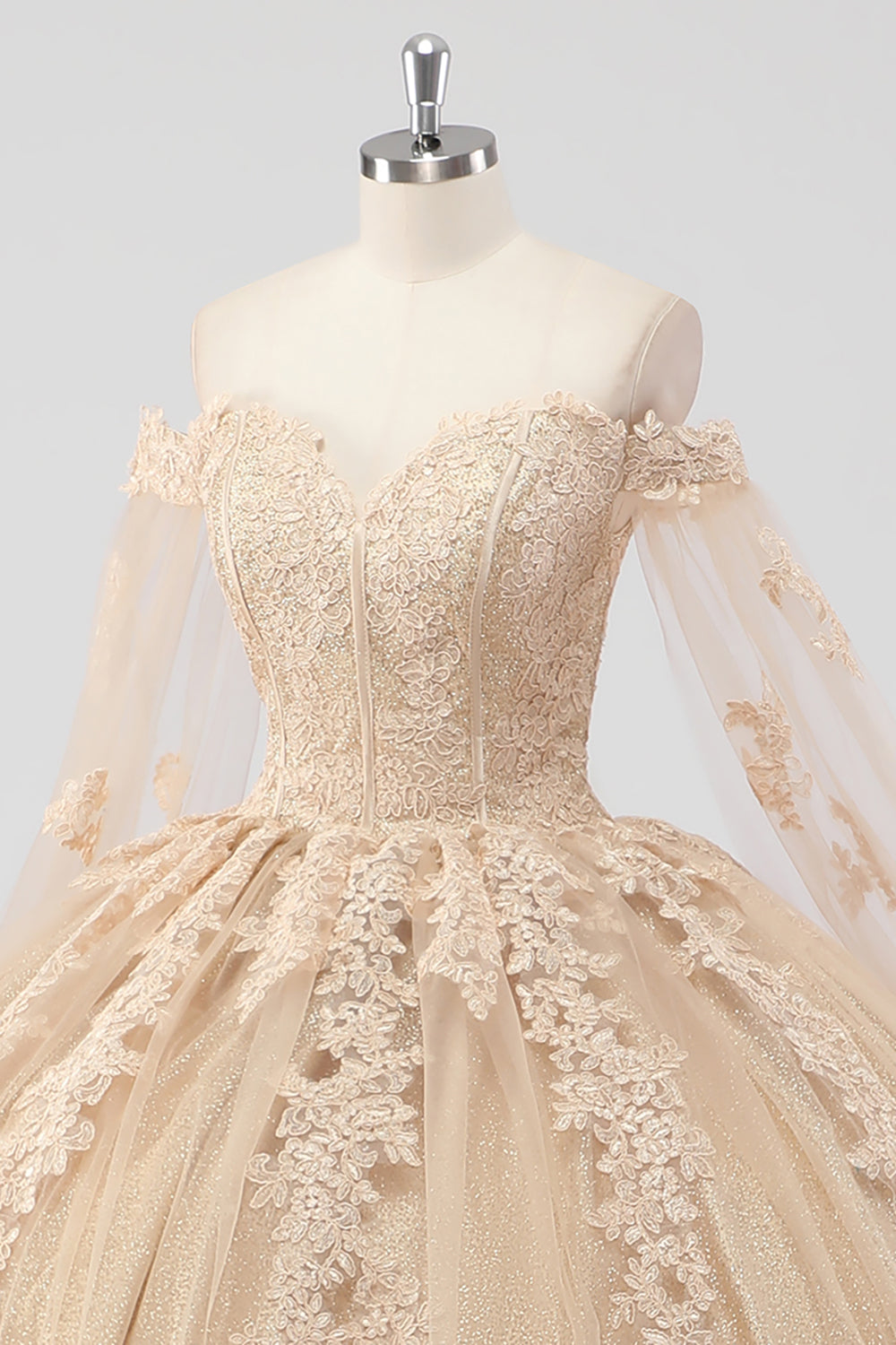 Princess Corset Champagne Appliqued Ball Gown Quinceanera Dress with Sleeves