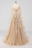 Princess Corset Champagne Appliqued Ball Gown Quinceanera Dress with Sleeves