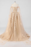 Princess Corset Champagne Appliqued Ball Gown Quinceanera Dress with Sleeves