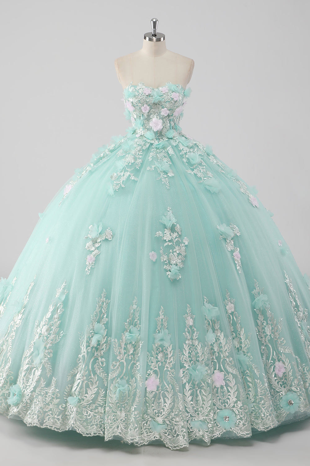 Princess Mint Sweetheart Appliqued Ball Gown Quinceanera Dress with 3D Flowers