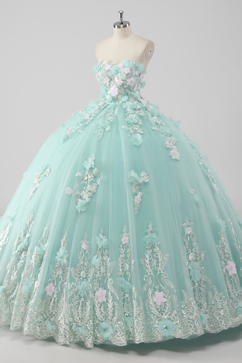 Princess Mint Sweetheart Appliqued Ball Gown Quinceanera Dress with 3D Flowers