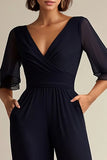 Navy V-neck Half Sleeves Chiffon Mother of the Bride Jumpsuits