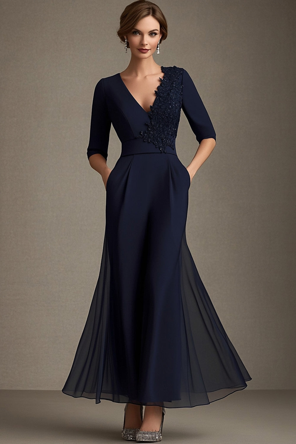 Navy V-neck Chiffon A-Line Half Sleeves Mother of the Bride Dress with Appliques