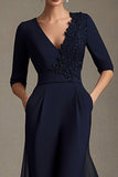 Navy V-neck Chiffon A-Line Half Sleeves Mother of the Bride Dress with Appliques