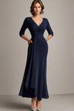 Navy A-Line Chiffon V-Neck Long Mother of the Bride Dress with Half Sleeves