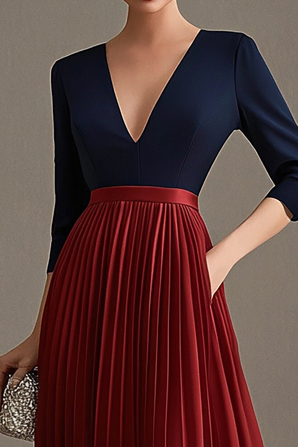 Navy and Red V-neck A-Line Chiffon Mother of the Bride Dress