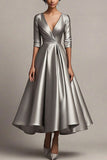 V-Neck A Line Satin Grey Sleeves Calf Length Mother Dress