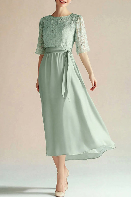 Light Green Chiffon Boat Neck A Line 3/4 Sleeves Calf Length Mother Dress