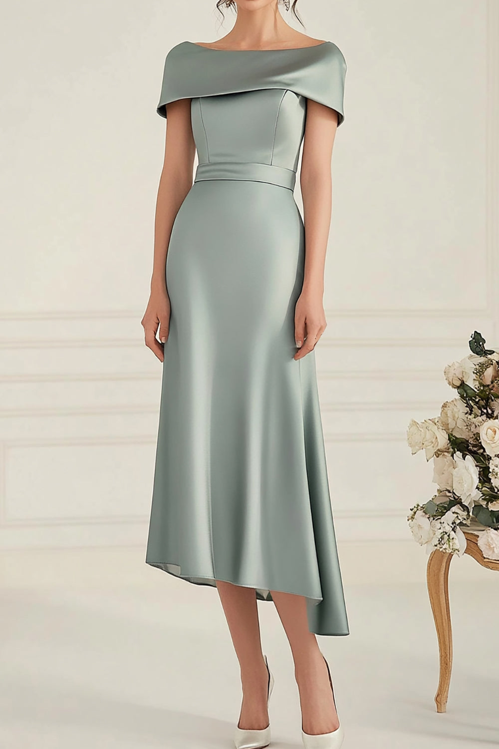 Mermaid Grey Long Boat Neck Satin Calf Length Mother Of Bride Dress