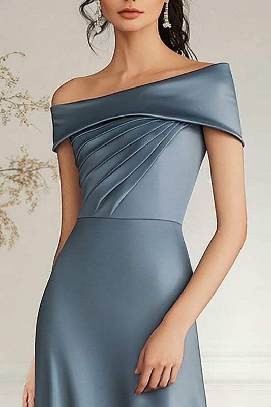 Grey Blue Long Boat Neck A Line Satin Long Mother Of Bride Dress