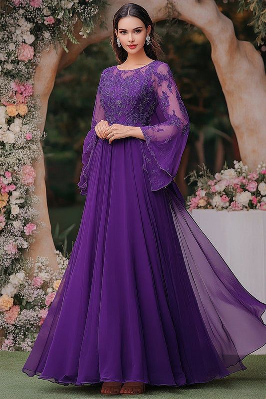 Elegant Purple A Line Shawl Sleeve Mother Dress With Appliques