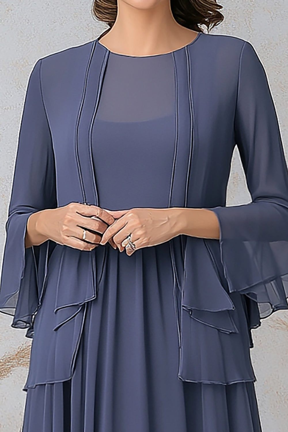 Elegant Grey Blue A Line Mother Two-Piece Set Dress