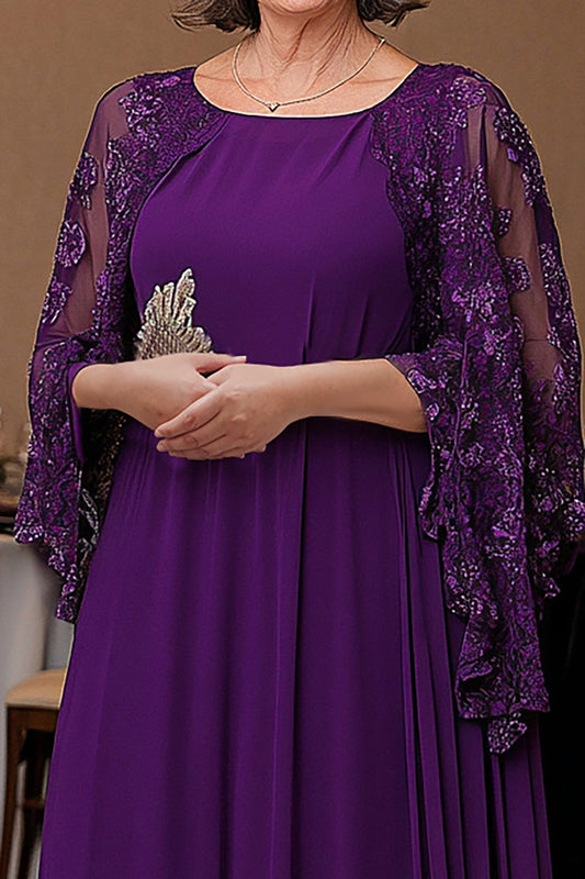 Elegant Purple A Line Shawl Sleeve Mother Of Bride Dress With Appliques