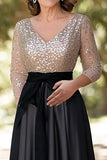 Sparkly Champagne Black A-Line Sequined Top Long Sleeves V Neck Long Mother of the Bride Dress