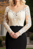 Champagne Black Mermaid Illusion Neck Long Sleeves Mother of the Bride Dress with Appliques