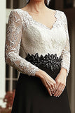 Champagne Black A Line V Neck 3/4 Sleeves Lace Long Mother Dress