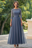 Dusty Blue A-Line 3/4 Sleeves Lace Top Chiffon Long Mother of the Bride Dress