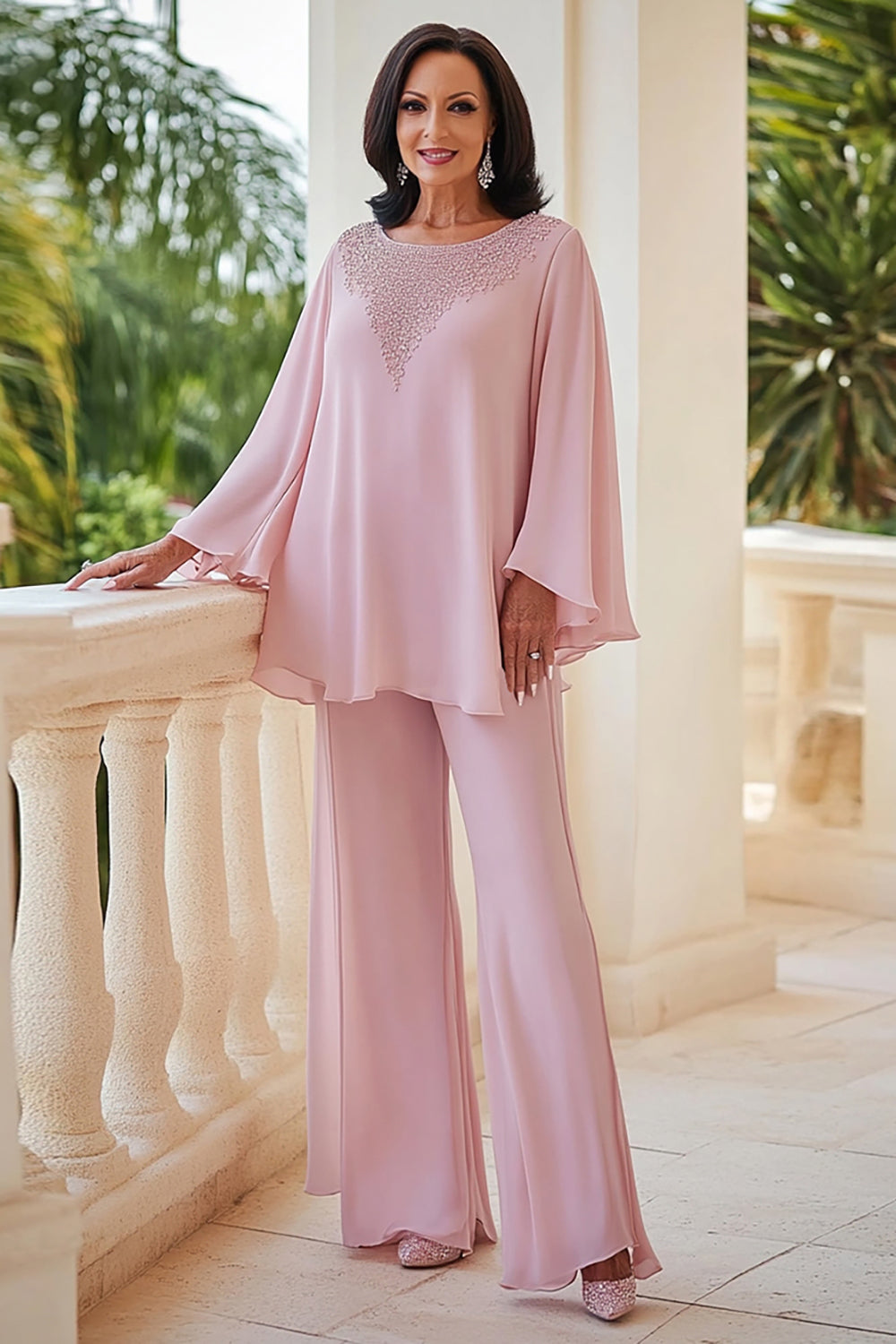 Pink 2-Piece Chiffon Scoop Beaded Mother of the Bride Pant Suits with Long Sleeves