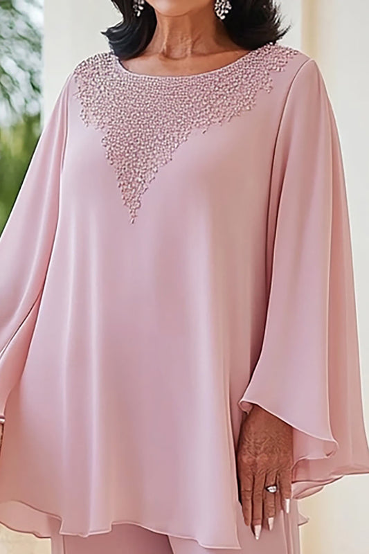 Pink 2-Piece Chiffon Scoop Beaded Mother of the Bride Pant Suits with Long Sleeves