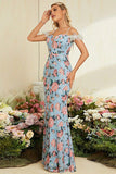 Blue Mermaid Floral Cold Shoulder Long Prom Dress