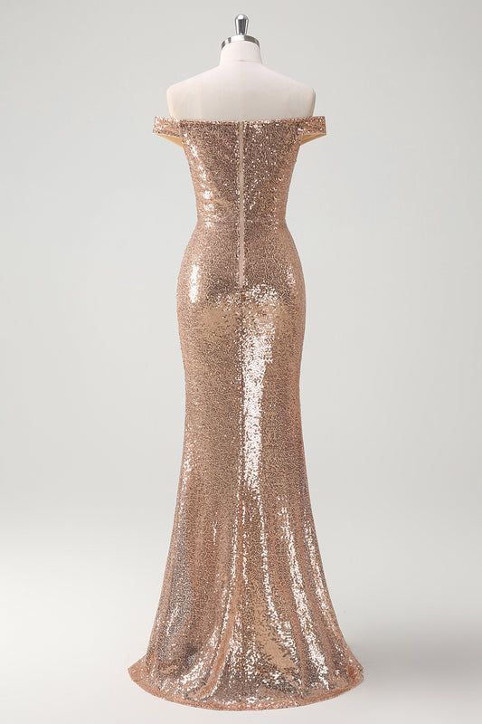 Sparkly Off the Shoulder Champagne Mermaid Prom Dress with Slit