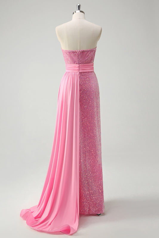 Sparkly Pink Strapless Long Maxi Prom Dress with Slit