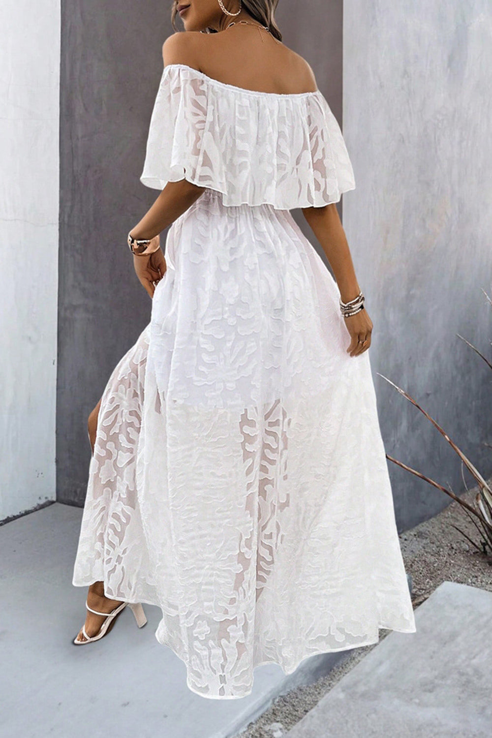 White A Line Off The Shoulder Ruffle Sleeve Wedding Guest Dress