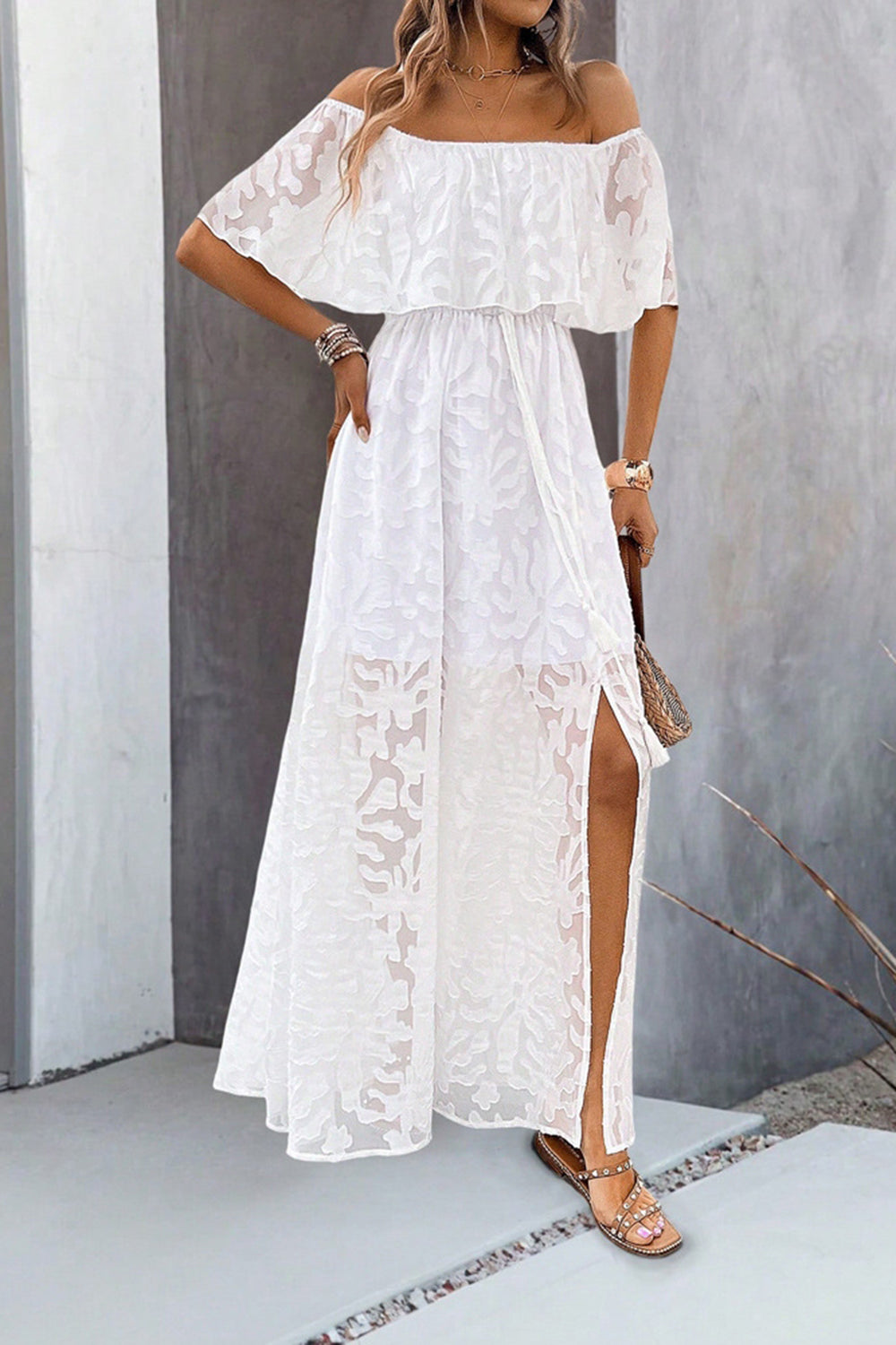 White A Line Off The Shoulder Ruffle Sleeve Wedding Guest Dress