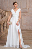 A Line White V Neck Long Party Dress With Slit