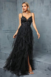 Black A-Line Spaghetti Straps Flowers Ruffles Tulle Long Prom Dress with Slit