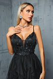 Black A-Line Spaghetti Straps Flowers Ruffles Tulle Long Prom Dress with Slit