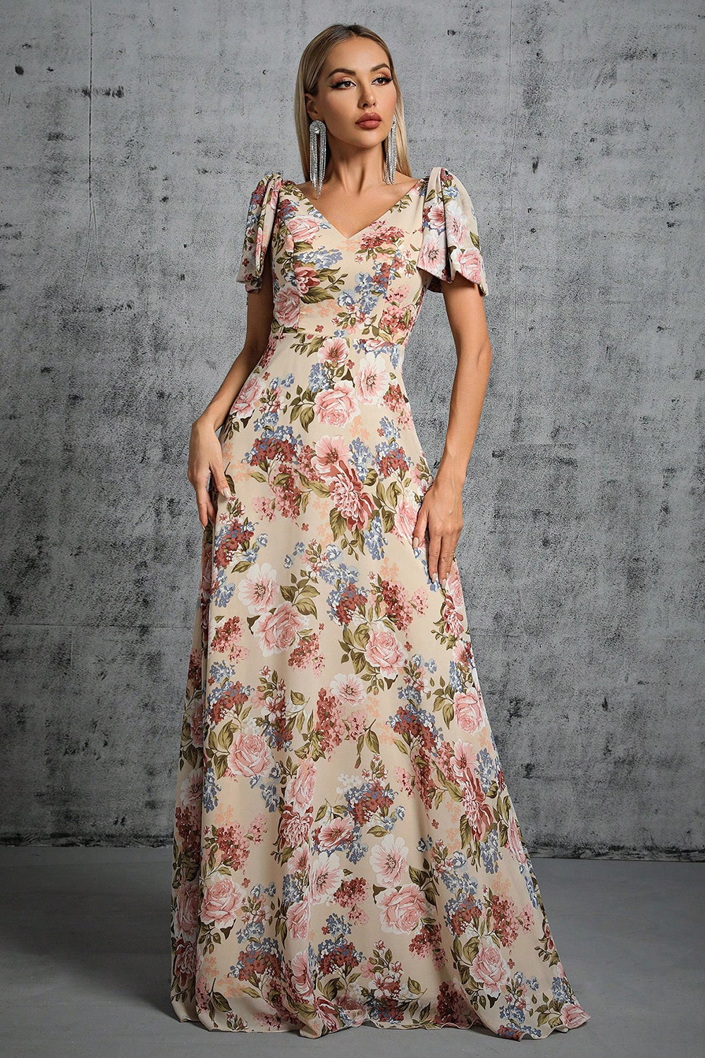 Light Khaki Floral Printed A-Line V-neck Long Prom Dress