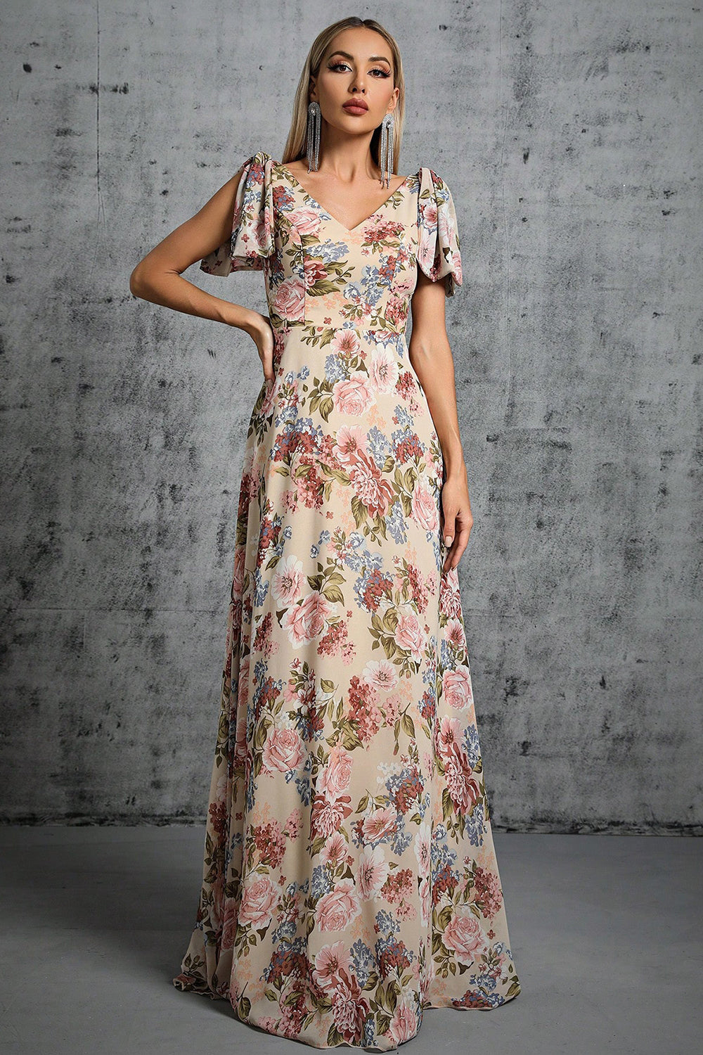 Light Khaki Floral Printed A-Line V-neck Long Prom Dress