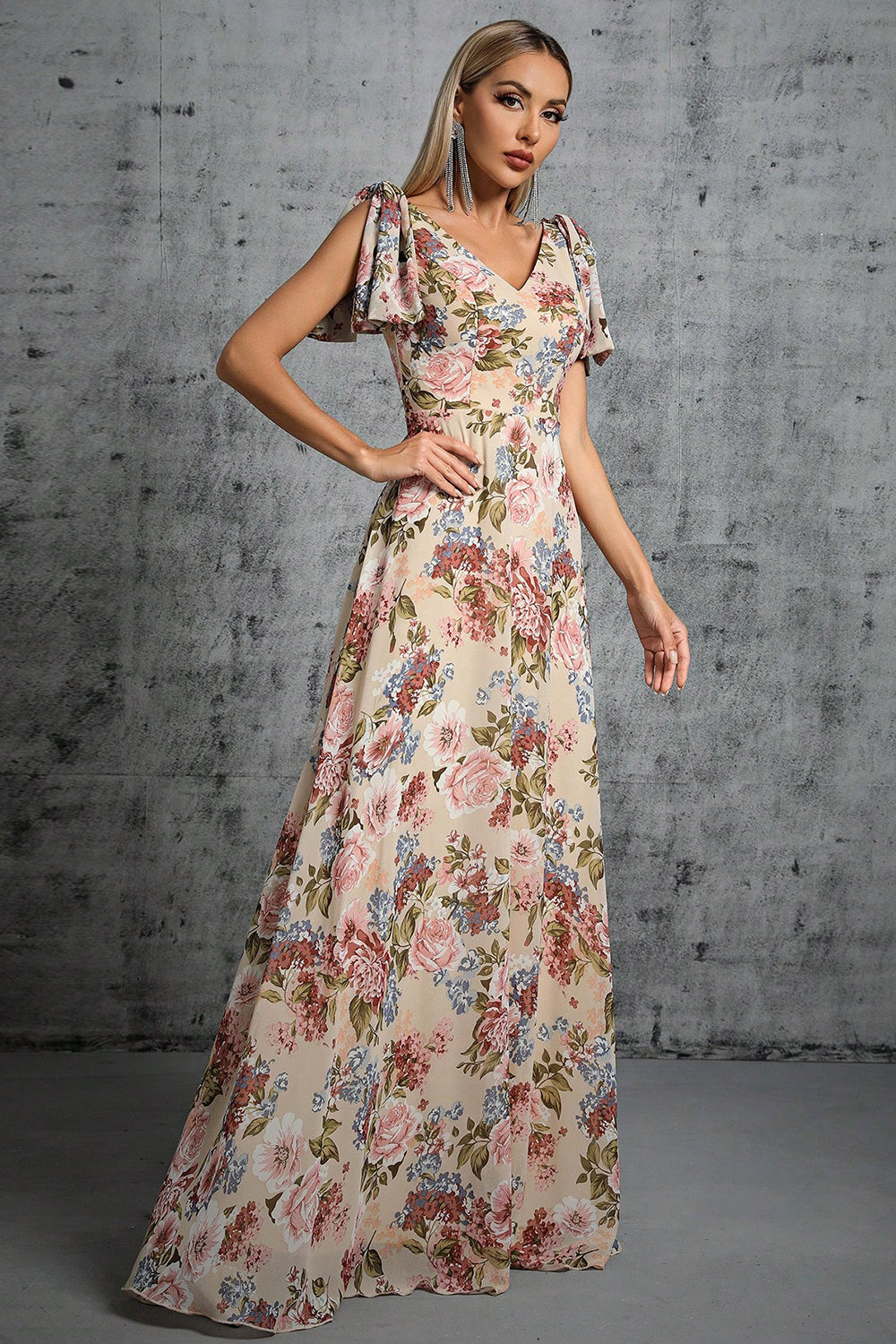 Light Khaki Floral Printed A-Line V-neck Long Prom Dress