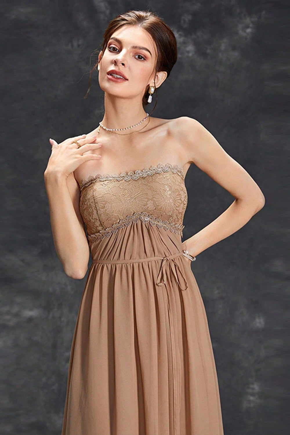 Simple Khaki A-Line Strapless Chiffon Long Prom Dress