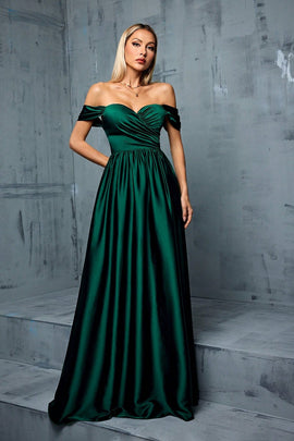 Army Green Off the Shoulder Satin A-Line Long Prom Dress