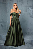 Army Green Off the Shoulder Satin A-Line Long Prom Dress