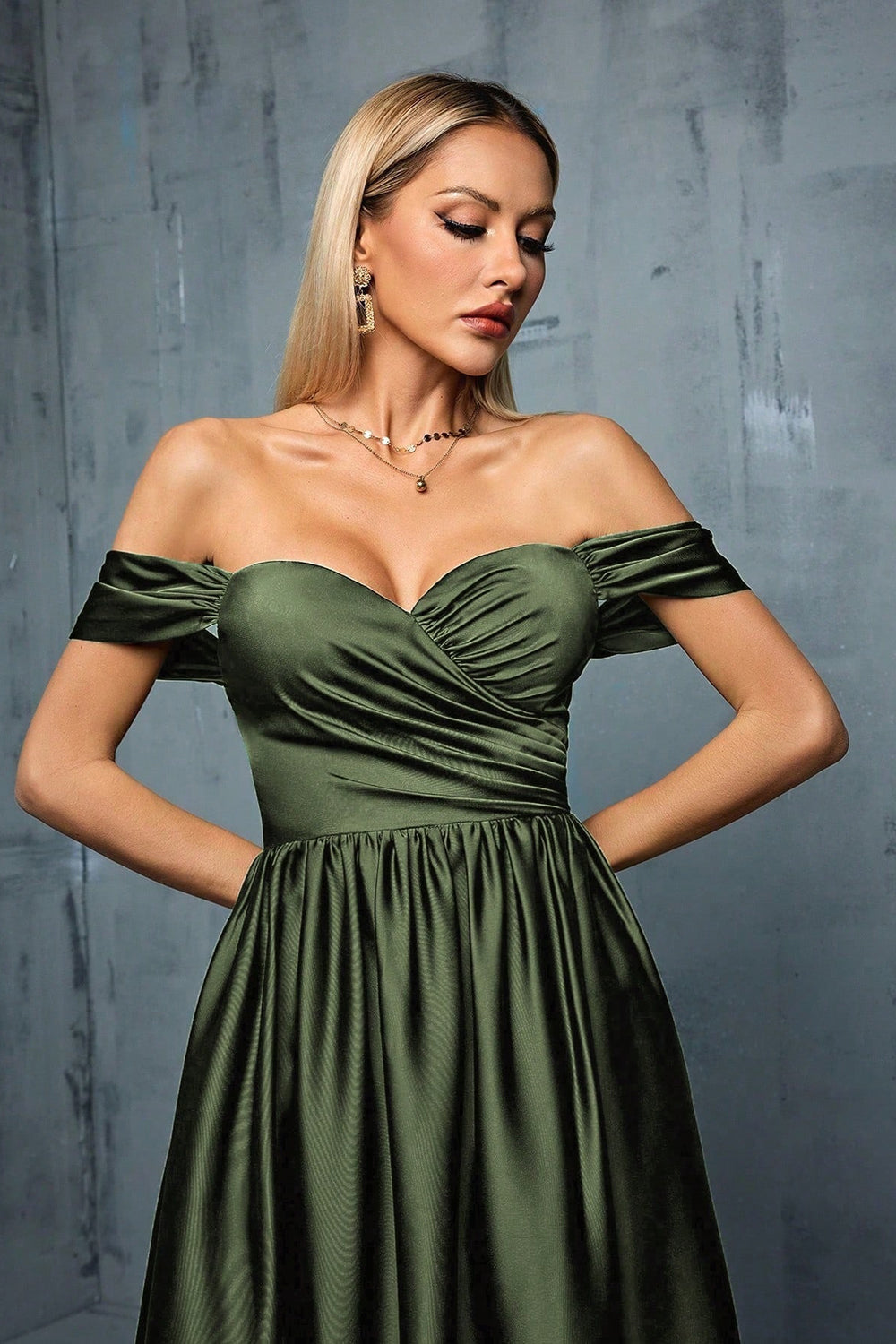 Army Green Off the Shoulder Satin A-Line Long Prom Dress