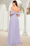 Off The Shoulder Grey Purple Floral Long Prom Dress