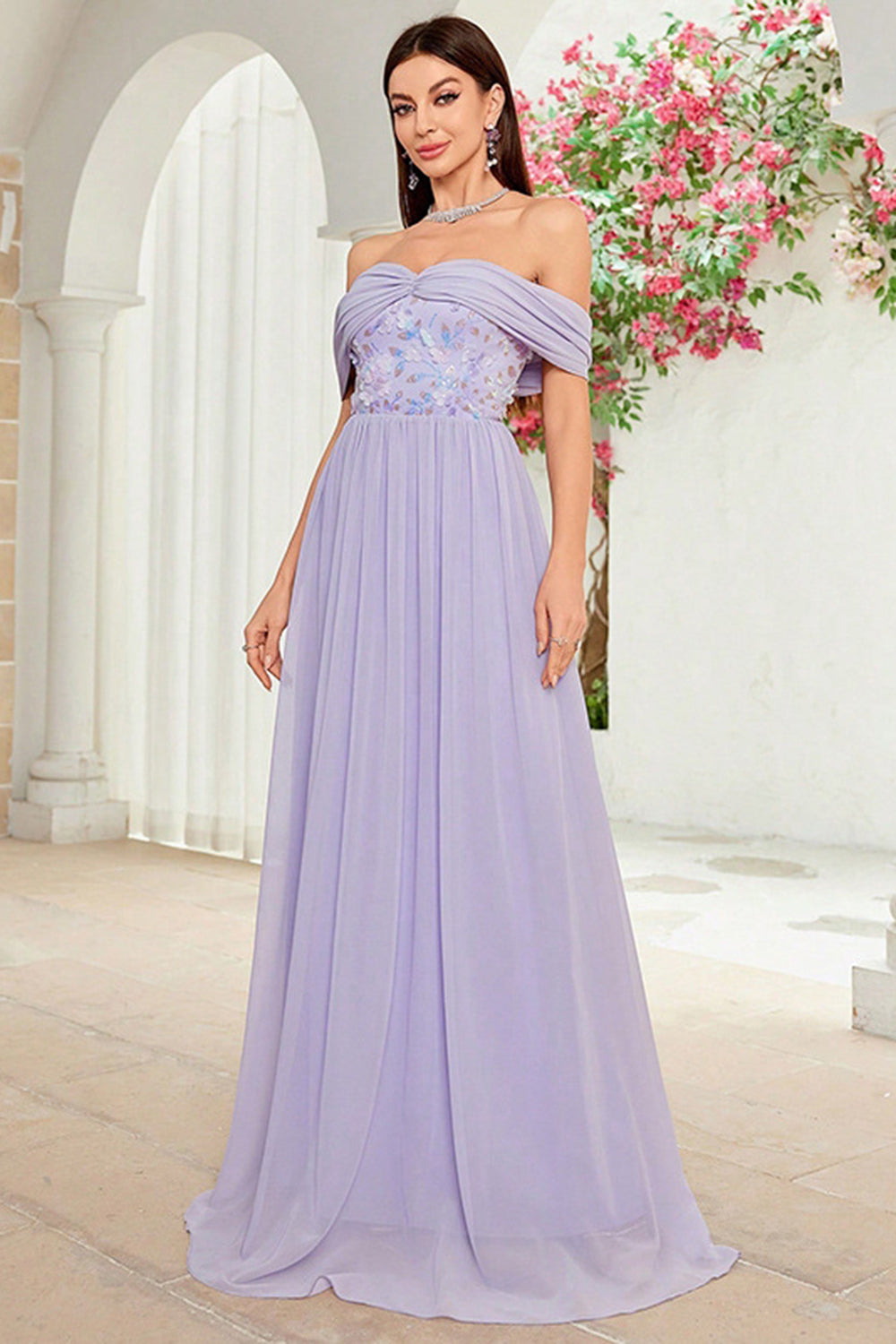 Off The Shoulder Grey Purple Floral Long Prom Dress