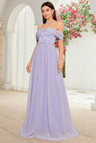 Off The Shoulder Grey Purple Floral Long Prom Dress